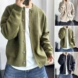 FOESCE Sweater Coat Men's Round Neck Knitted Cardigan Sweater with Single-breasted Closure Solid Color Long Sleeve Coat for Warmth