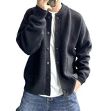 FOESCE Sweater Coat Men's Round Neck Knitted Cardigan Sweater with Single-breasted Closure Solid Color Long Sleeve Coat for Warmth