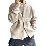 FOESCE Sweater Coat Men's Round Neck Knitted Cardigan Sweater with Single-breasted Closure Solid Color Long Sleeve Coat for Warmth