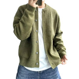 FOESCE Sweater Coat Men's Round Neck Knitted Cardigan Sweater with Single-breasted Closure Solid Color Long Sleeve Coat for Warmth