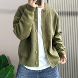 FOESCE Sweater Coat Men's Round Neck Knitted Cardigan Sweater with Single-breasted Closure Solid Color Long Sleeve Coat for Warmth