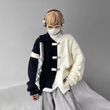 FOESCE Sweater Men Y2k Splicing Button Knitted Jacket Niche Streetwear Soft Knitwear Autumn Personality Youthful Casual Mens Clothing