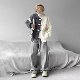 FOESCE Sweater Men Y2k Splicing Button Knitted Jacket Niche Streetwear Soft Knitwear Autumn Personality Youthful Casual Mens Clothing