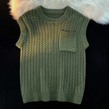 FOESCE Sweater Vest Men Winter Students Knitwear Harajuku Round Neck Pockets Handsome Casual Streetwear Unisex Preppy Stylish Ins