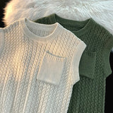 FOESCE Sweater Vest Men Winter Students Knitwear Harajuku Round Neck Pockets Handsome Casual Streetwear Unisex Preppy Stylish Ins