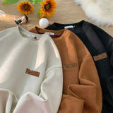 FOESCE TFETTERS 2025 Suede Sweatshirt Mens Autumn Winter New Retro Japan Pullover Long Sleeve Letter Streetwear O Neck Clothes for Men