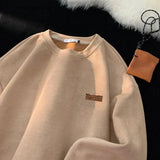 FOESCE TFETTERS 2025 Suede Sweatshirt Mens Autumn Winter New Retro Japan Pullover Long Sleeve Letter Streetwear O Neck Clothes for Men