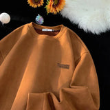 FOESCE TFETTERS 2025 Suede Sweatshirt Mens Autumn Winter New Retro Japan Pullover Long Sleeve Letter Streetwear O Neck Clothes for Men