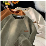FOESCE TFETTERS 2025 Suede Sweatshirt Mens Autumn Winter New Retro Japan Pullover Long Sleeve Letter Streetwear O Neck Clothes for Men