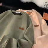 FOESCE TFETTERS 2025 Suede Sweatshirt Mens Autumn Winter New Retro Japan Pullover Long Sleeve Letter Streetwear O Neck Clothes for Men