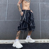 FOESCE Tie Dye Frayed Denim Shorts Men Vibe Knee Length Male Vintage Gothic Punk Y2K Shorts Hippie Streetwear Distressed Tassel Shorts