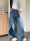 FOESCE Trashy Y2K 2000S Washed Blue Baggy Stacked Jeans Pants Women 90S Vintage Designer Clothing Wide Leg Lady Trousers Ropa De Mujer