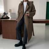 FOESCE Trench Men Coat British Style Solid Double Breasted Oversize Leisure Long Coats Stylish Outwear Hombre Korean Style Windbreaker