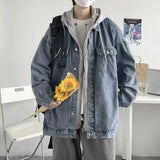 FOESCE Trendy Hong Kong Style Versatile Two-Piece Illusion Hooded Denim Jacket Casual Loose Fit For Men And Youths Working Clothes