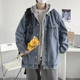 FOESCE Trendy Hong Kong Style Versatile Two-Piece Illusion Hooded Denim Jacket Casual Loose Fit For Men And Youths Working Clothes