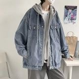 FOESCE Trendy Hong Kong Style Versatile Two-Piece Illusion Hooded Denim Jacket Casual Loose Fit For Men And Youths Working Clothes