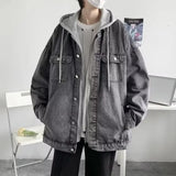 FOESCE Trendy Hong Kong Style Versatile Two-Piece Illusion Hooded Denim Jacket Casual Loose Fit For Men And Youths Working Clothes