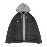 FOESCE Trendy Hong Kong Style Versatile Two-Piece Illusion Hooded Denim Jacket Casual Loose Fit For Men And Youths Working Clothes