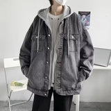 FOESCE Trendy Hong Kong Style Versatile Two-Piece Illusion Hooded Denim Jacket Casual Loose Fit For Men And Youths Working Clothes