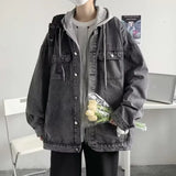FOESCE Trendy Hong Kong Style Versatile Two-Piece Illusion Hooded Denim Jacket Casual Loose Fit For Men And Youths Working Clothes