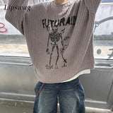 FOESCE Trendy Skull Jacquard Knitted Mens Sweaters 2025 Spring Casual Long Sleeve Crew Neck Knit Jumper Top Men Clothes Vintage Sweater
