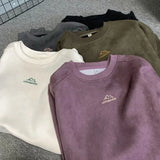 FOESCE Trendy Streetwear Suede Crew Neck Sweatshirt Men Women Sweatshirt Embroidered Pattern Heavy Weight Couple Pullover Sweatshirts