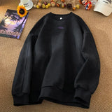 FOESCE Trendy Streetwear Suede Crew Neck Sweatshirt Men Women Sweatshirt Embroidered Pattern Heavy Weight Couple Pullover Sweatshirts