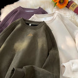 FOESCE Trendy Streetwear Suede Crew Neck Sweatshirt Men Women Sweatshirt Embroidered Pattern Heavy Weight Couple Pullover Sweatshirts