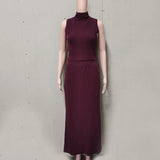 FOESCE Tuularose Elegant Long Skirt Two-piece Set Women's Sleeveless Knitted Turtleneck Vest Slim Skirt Set 2025 New Fashion Skirt Set