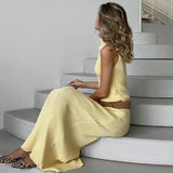 FOESCE Tuularose Elegant Long Skirt Two-piece Set Women's Sleeveless Knitted Turtleneck Vest Slim Skirt Set 2025 New Fashion Skirt Set
