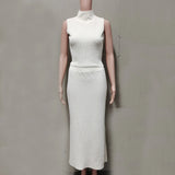 FOESCE Tuularose Elegant Long Skirt Two-piece Set Women's Sleeveless Knitted Turtleneck Vest Slim Skirt Set 2025 New Fashion Skirt Set