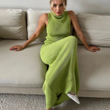FOESCE Tuularose Elegant Long Skirt Two-piece Set Women's Sleeveless Knitted Turtleneck Vest Slim Skirt Set 2025 New Fashion Skirt Set