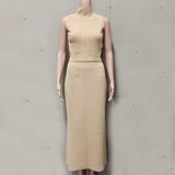 FOESCE Tuularose Elegant Long Skirt Two-piece Set Women's Sleeveless Knitted Turtleneck Vest Slim Skirt Set 2025 New Fashion Skirt Set