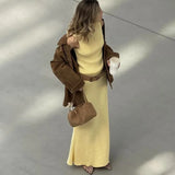 FOESCE Tuularose Elegant Long Skirt Two-piece Set Women's Sleeveless Knitted Turtleneck Vest Slim Skirt Set 2025 New Fashion Skirt Set