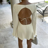 FOESCE Tuularose Satin Backless Dress Women's Sexy Hollow Lace Up Long Sleeve A-Line Short Dress Elegant Swing Neck Party Evening Dress