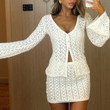 FOESCE Tuularose Summer Knitted Blouse Suit Women's Sexy Cardigan Top Slim Short Skirt Bikini Suit Beach Vacation Dress Matching Sets