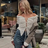 FOESCE Tuularose White V Neck Lace Up Top Women's Sexy Hollow Solid Cardigan Casual Gathered Long Sleeve Top Female Shirt Party Outfits
