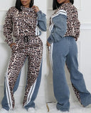 FOESCE Two Piece Set Women Outfit 2025 Spring Leopard Pattern Stripe Print Long Sleeve Pullover & Casual Drawstring Denim Pants Set