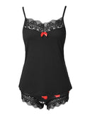 FOESCE Two Piece Set Women Outfit 2025 Valentine's Day Love Heart Print Contrast Lace Sleeveless Cami Top & Home Shorts Pajama Set