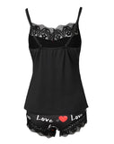 FOESCE Two Piece Set Women Outfit 2025 Valentine's Day Love Heart Print Contrast Lace Sleeveless Cami Top & Home Shorts Pajama Set