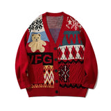 FOESCE Ugly Christmas Sweater Cute Bear Top Oversize Men High Street Knitting Sweater V-neck Single-breasted Pullover Women Couple Coat