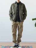 FOESCE Vintage Army Green Cargo Denim Jacket Men Women Spring Autumn Clothing Harajuku Coat Korean Fashion Military Casual Workwear