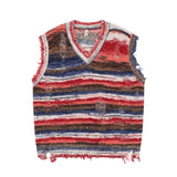 FOESCE Vintage Gradient Stripe Baggy Knitted Sweater Vest Washed Ripped Red Sweater Tank Top Y2k Tie Dyeing V-Neck Sleeveless knitwear