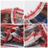 FOESCE Vintage Gradient Stripe Baggy Knitted Sweater Vest Washed Ripped Red Sweater Tank Top Y2k Tie Dyeing V-Neck Sleeveless knitwear