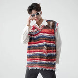 FOESCE Vintage Gradient Stripe Baggy Knitted Sweater Vest Washed Ripped Red Sweater Tank Top Y2k Tie Dyeing V-Neck Sleeveless knitwear