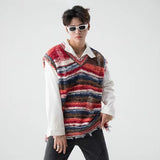 FOESCE Vintage Gradient Stripe Baggy Knitted Sweater Vest Washed Ripped Red Sweater Tank Top Y2k Tie Dyeing V-Neck Sleeveless knitwear