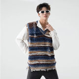 FOESCE Vintage Gradient Stripe Baggy Knitted Sweater Vest Washed Ripped Red Sweater Tank Top Y2k Tie Dyeing V-Neck Sleeveless knitwear