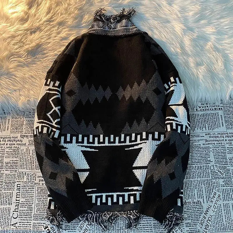 FOESCE Vintage Knitted Cardigan Sweater Men's Loose Street Cat Whiskers National China-Chic Brand Lazy Style V-neck Coat