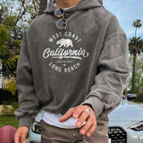 FOESCE Vintage Pattern Print Loose Hooded Sweatshirts Mens Leisure Long Sleeve Drawstring Hoodies Men 2025 Fall New Fashion Hoodie Tops