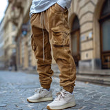 FOESCE Vintage Solid Color Multi Pockets Corduroy Cargo Pants Mens Winter Casual Trend Drawstring Sports Pants Streetwear Men 2025